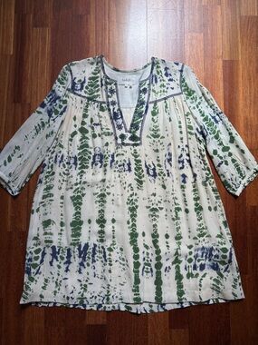 ba&sh Cream Tunic/ Mini Dress with Green & Navy Tie-Dye Print